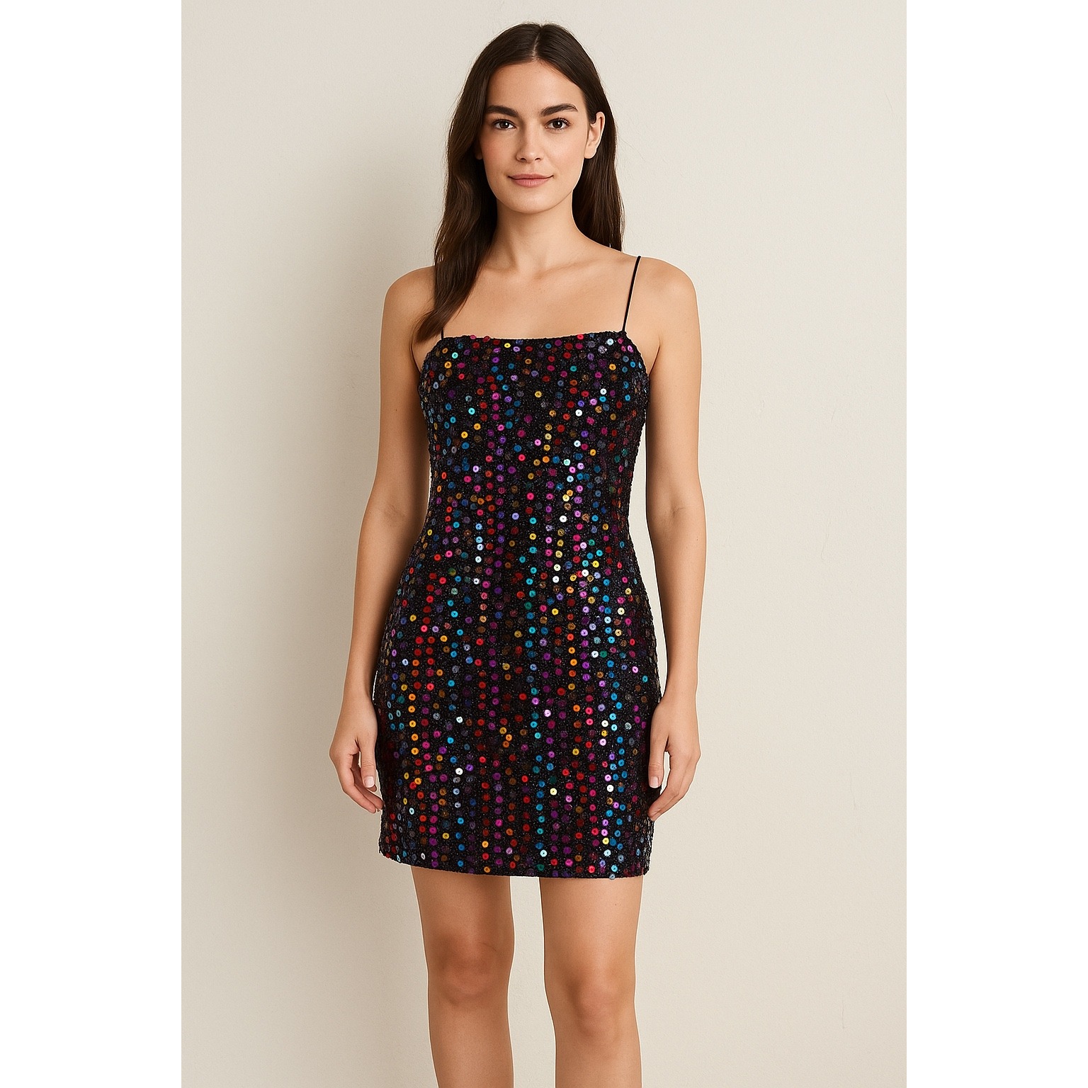 Nwt Sparkly Sequin Mini Dress Spaghetti Straps Blk Rainbow Party Clubwear Disco